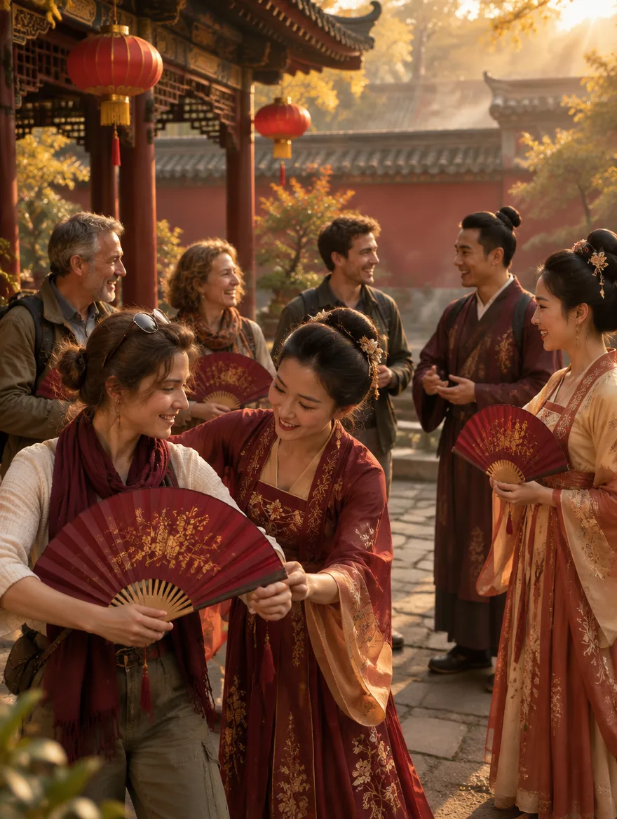 Des voyageurs apprennent la danse de l'éventail avec des professeures chinoises