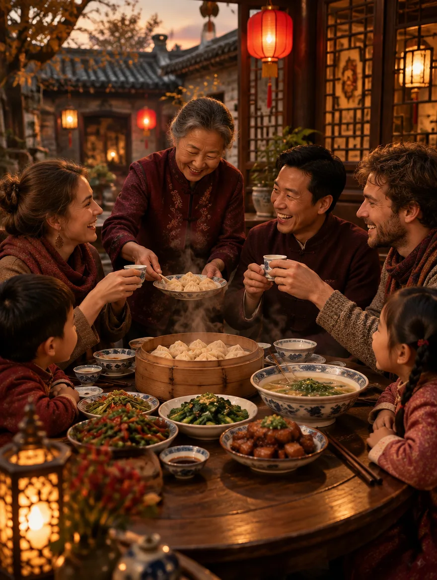 Des voyageurs français partagent un repas avec une famille chinoise